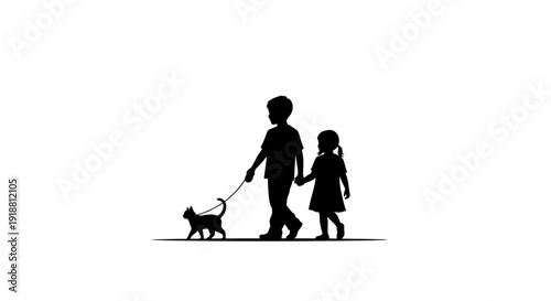 Silhouette of a man and a girl walking a dog together.