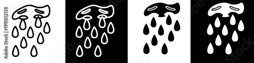 Sad faces crying rain drops falling down on black background with white outlines