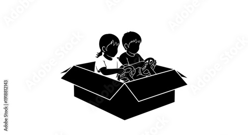 Two children playing together inside a cardboard box.