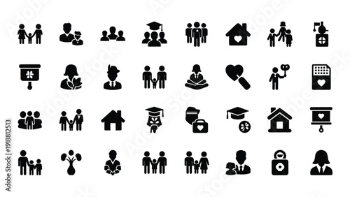 A diverse collection of black and white icons representing various activities and professions isolated on white background, Vector