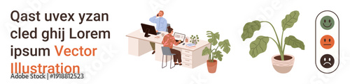 Teamwork, workspace design, communication, mood tracking, remote work, productivity tools. People collaborating at desks with computers, potted plants and sentiment icons. Teamwork and workspace