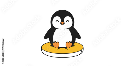 A cartoon penguin sitting on a yellow and white inflatable raft with a happy expression against a clean white background.