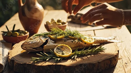 Close up of hands garnishing a freshly grilled whole fish with rosemary and lemon on a rustic outdoor table, for a healthy Mediterranean food concept and summer dining