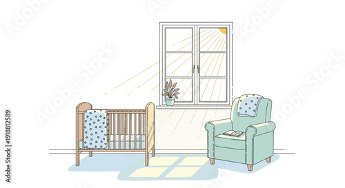 Baby crib and armchair in pastel nursery interior