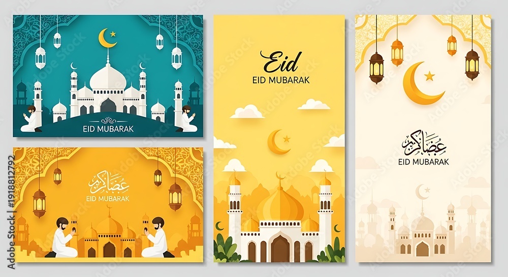 Fototapeta premium Collage of Eid Mubarak illustrations featuring mosques, crescent moons, lanterns, and people praying in paper art style.
