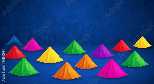 Vibrant colorful rangoli designs arranged in a symmetrical pattern on a blue background, viewed from directly above, image(210).ai for reference