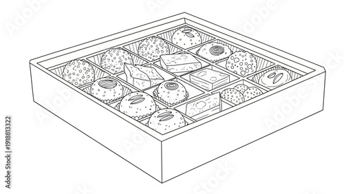 Assorted desserts in a box viewed from above, featuring pastries, cakes, and chocolates in a grid pattern.