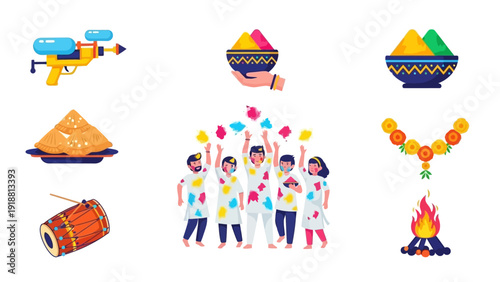 Vibrant celebration of Holi with people, colors, and festivities in a joyful gathering