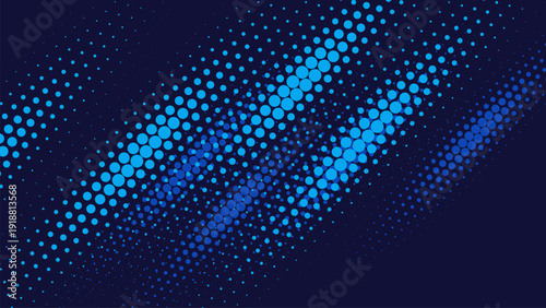 Abstract blue halftone dots forming a dynamic wave on dark navy background. Modern digital design with flowing particle effect.