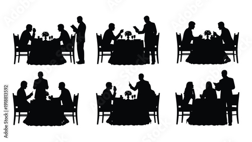Eight silhouettes of people sitting around tables in a restaurant setting isolated on white background, Vector