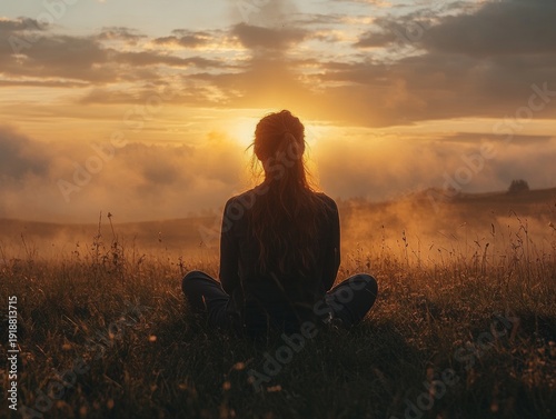 Serene Silhouette Meditating at Sunset: A Woman Finds Peace in Nature's Golden Embrace Amidst Misty Hills, Embracing Mindfulness and Tranquility