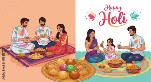 Vibrant Holi celebration scene with family and friends gathering to share traditional sweets and colors in a joyful outdoor setting from a frontal viewpoint