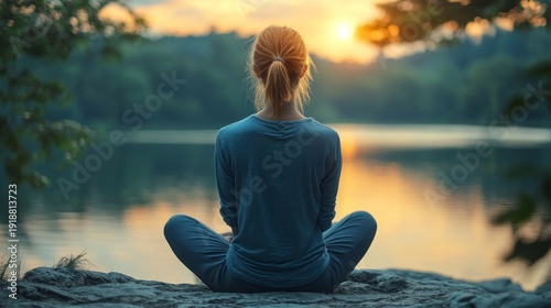 Serene moment of a woman in peaceful meditation by a tranquil lake at sunset, finding inner calm and mindfulness amidst nature's beautiful embrace.