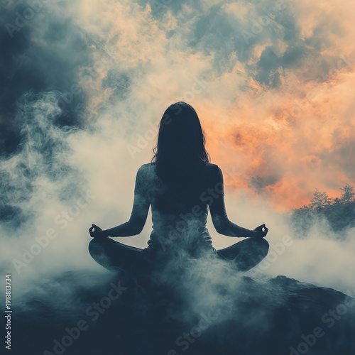 Serene Silhouette Meditating in a Misty Mountain Landscape at Sunset, Embracing Tranquility and Spiritual Harmony Amidst Ethereal Clouds and Vibrant Hues
