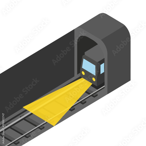 Modern subway train entering tunnel on railway tracks.