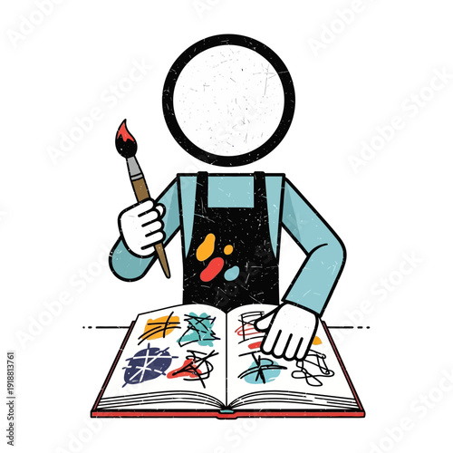 Artist drawing abstract sketches in sketchbook, holding paintbrush