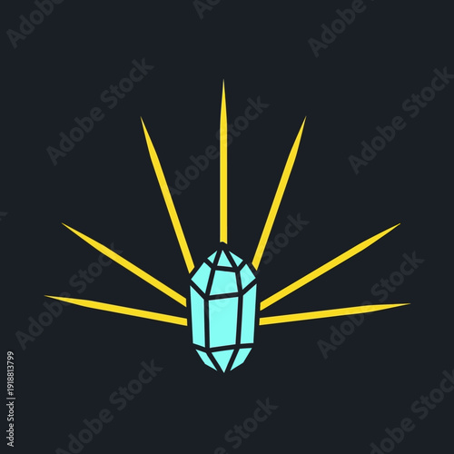 Stylized turquoise gemstone with radiant yellow rays on dark background.
