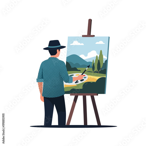 Artist painting landscape on canvas easel, creative hobby, illustration