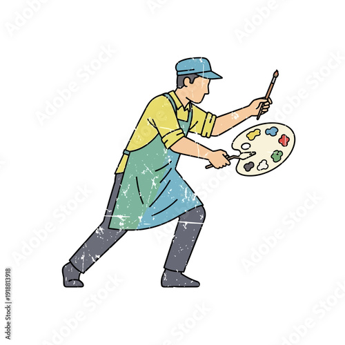 Artist painting on palette with brush, vintage style illustration