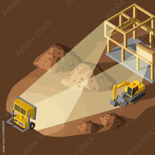 Underground mining operation with excavator and scanning technology.
