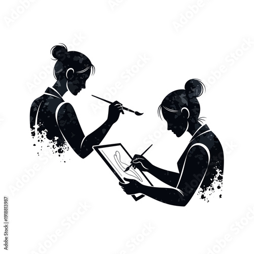 Artist silhouette with brush and tablet, creative process