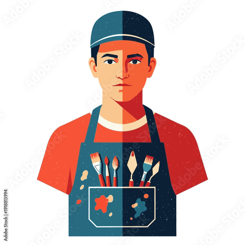 Artist Wearing Apron and Cap with Painting Tools