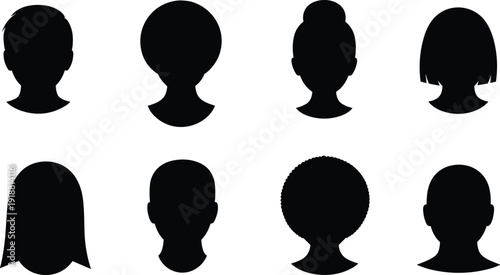 Front view human head silhouette collection vector illustration, diverse male female avatar icons isolated black profile set