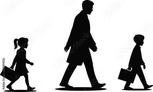 Father walking with children silhouette vector illustration, parent and kids carrying briefcases family lifestyle black icons set