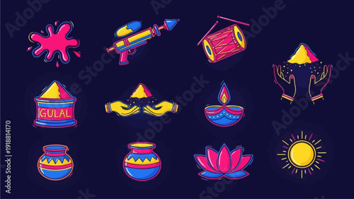 Vibrant Diwali celebration illustration featuring fireworks, diyas, and cultural symbols against a dark blue background, viewed from directly above, image(210).ai