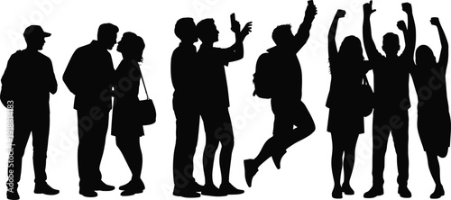 Group of people silhouette vector illustration, diverse friends talking celebrating taking photos social interaction black icons set