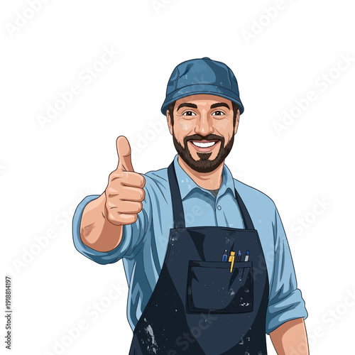 Smiling man in apron giving thumbs up, isolated on white background
