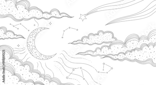 night sky illustration with moon and clouds