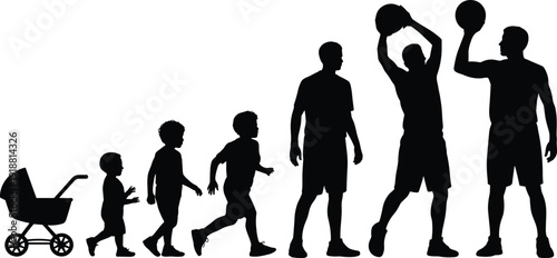 Human life stages silhouette vector illustration, male growth progression from baby stroller to basketball athlete black icons
