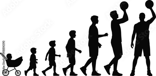 Male growth stages silhouette vector illustration, boy to man life cycle progression playing basketball black icon set