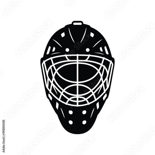 A black and white illustration of a hockey goalie mask with prominent cage