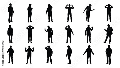 Diverse silhouettes of people in various poses against a white background isolated on white background, Vector