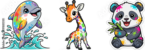 Joyful Cartoon Animals with Colorful Paint Splashes