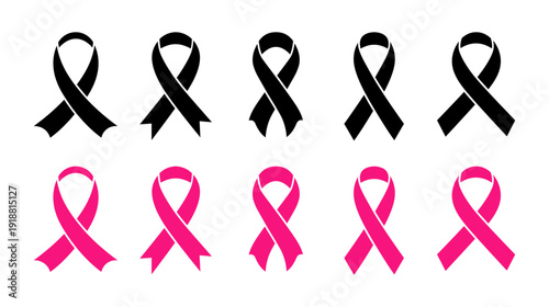 Cancer awareness ribbon icons set, black and pink support symbols, flat vector illustration