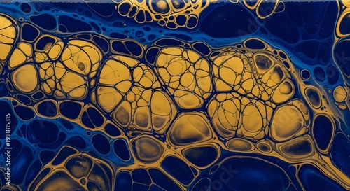 Blue and gold fluid art cells texture background