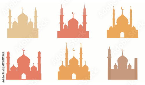 Minimalist mosque silhouettes vector collection with domes and minarets in warm pastel colors