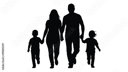A family of four walking together on a sunny day, silhouetted against the sky. isolated on white background, Vector