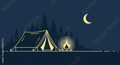 Camping at night with tent and campfire