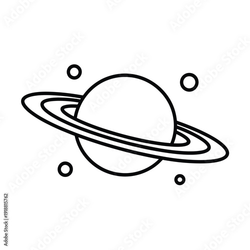 Simple line drawing depicts saturn its rings and a few orbiting moons