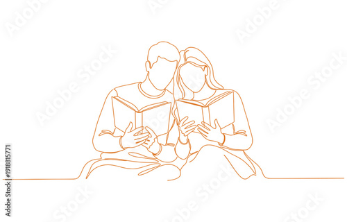 Continuous one line drawing students woman and man reading Couple reading together.