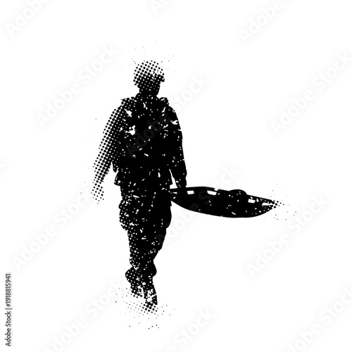 Soldier with stretcher, military medical evacuation, black and white grunge silhouette