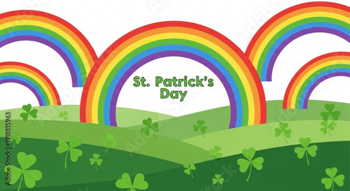 Celebrating St. Patrick's Day with rainbows and shamrocks in a vibrant landscape illustration from a panoramic viewpoint.
