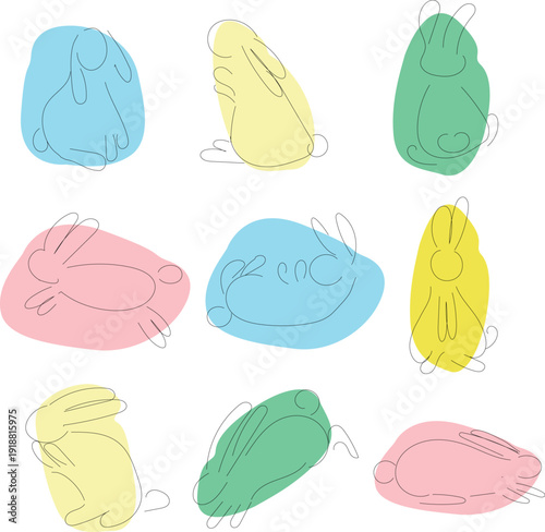 A modern set of nine continuous line rabbit illustrations on soft pastel backgrounds. Each bunny is shown in a different pose, combining simplicity and elegance for versatile use in design, decor, and