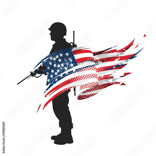 Silhouette Soldier with American Flag Brush Strokes