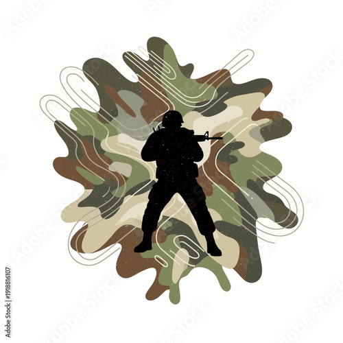 Silhouette soldier with rifle against abstract camouflage background