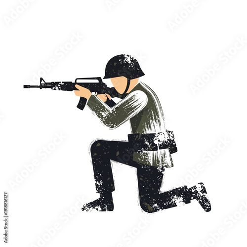 Soldier aiming rifle on one knee, military action illustration